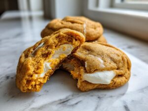 A soft pumpkin cheesecake cookie broken in half revealing a creamy white cheesecake filling inside.