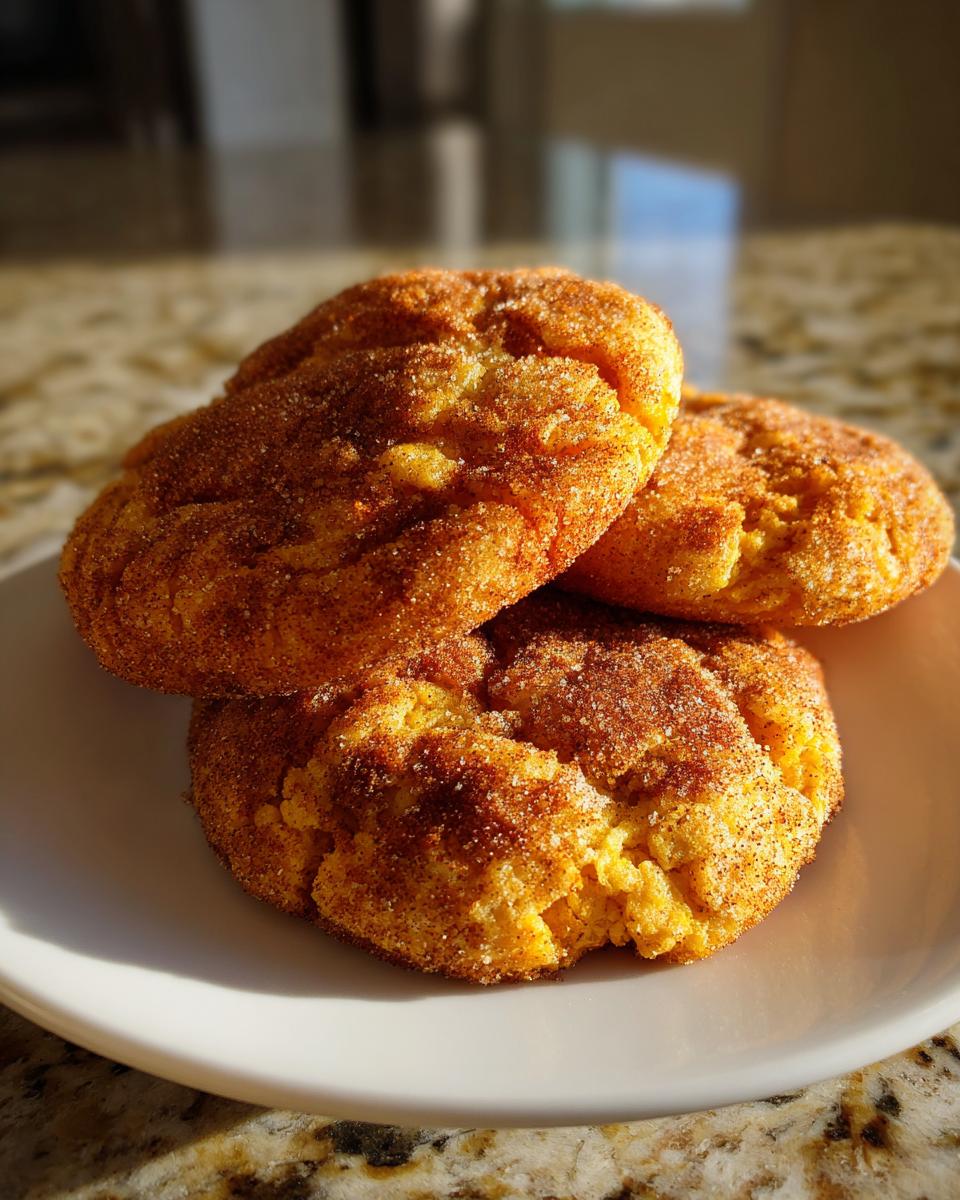 A stack of three soft, orange-hued pumpkin snickerdoodles generously coated in cinnamon sugar.