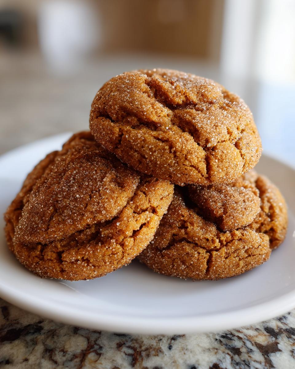 A close-up of three soft, crackled pumpkin snickerdoodles stacked on a white plate.