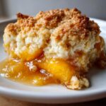 A close-up shot of a warm serving of southern peach cobbler with a crumbly, golden topping and oozing, syrupy peaches.