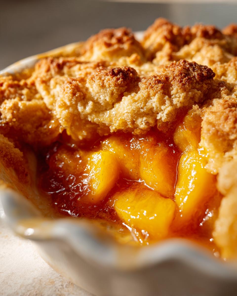 Close-up of bubbling, syrupy peaches beneath a golden, crumbly topping in a dish of southern peach cobbler.