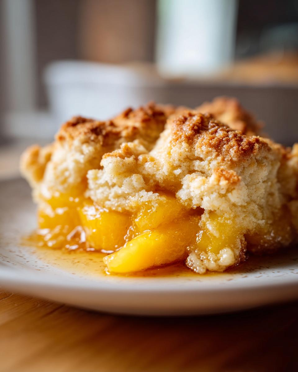 Close-up of a serving of southern peach cobbler with golden topping and syrupy peaches.