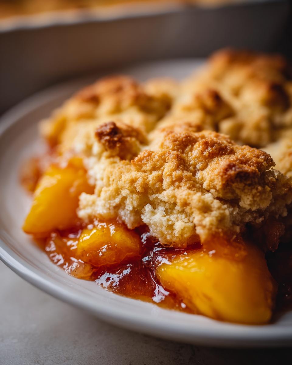 Close-up of a serving of southern peach cobbler with warm, syrupy peaches and a golden, crumbly topping.