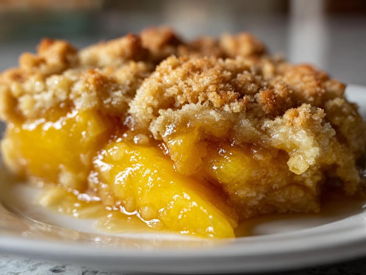 A close-up view of a warm slice of southern peach cobbler with gooey peaches and a crumbly topping.