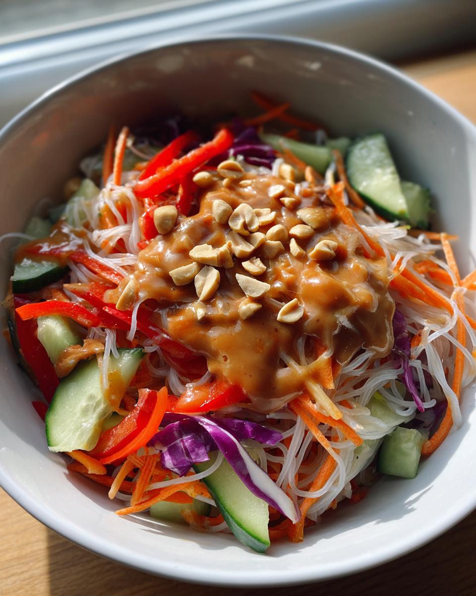 Close-up of a vibrant spring roll salad featuring rice noodles, shredded carrots, cucumber, and red pepper, topped with peanut sauce and chopped peanuts.