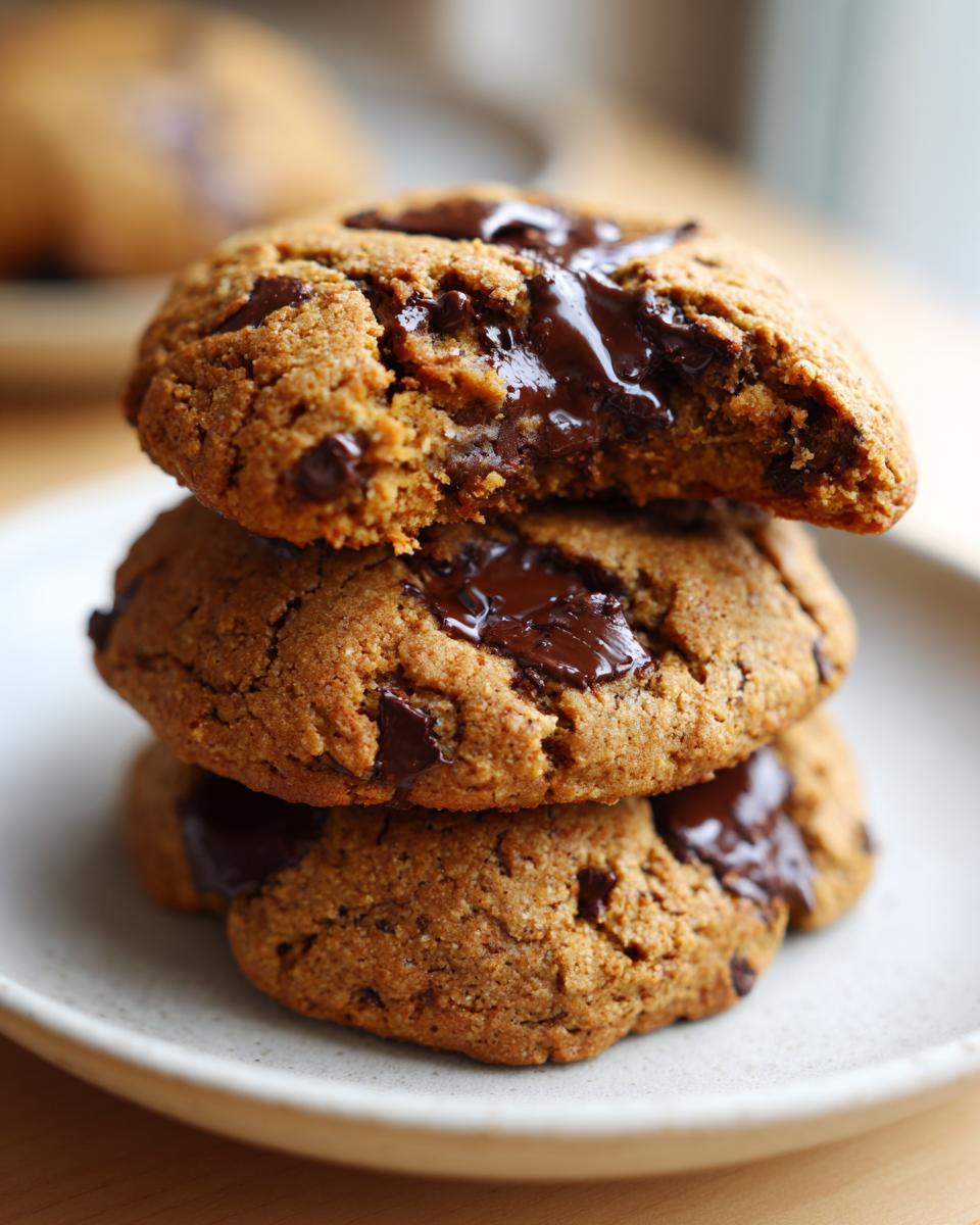 A stack of three thick, gooey vegan chocolate chip cookies with melted chocolate centers.