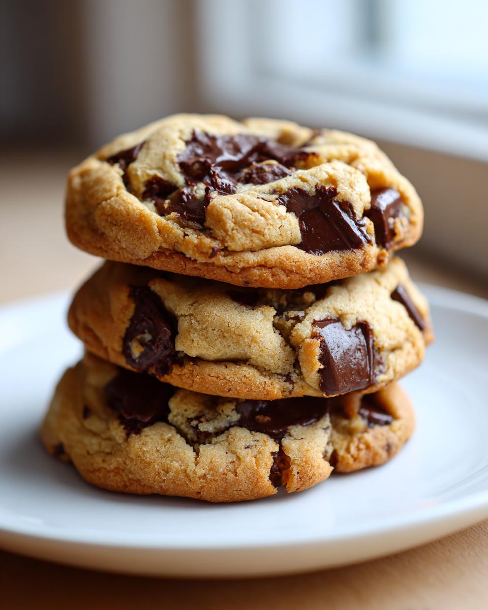 A stack of three thick, gooey vegan chocolate chip cookies loaded with melted chocolate chunks.