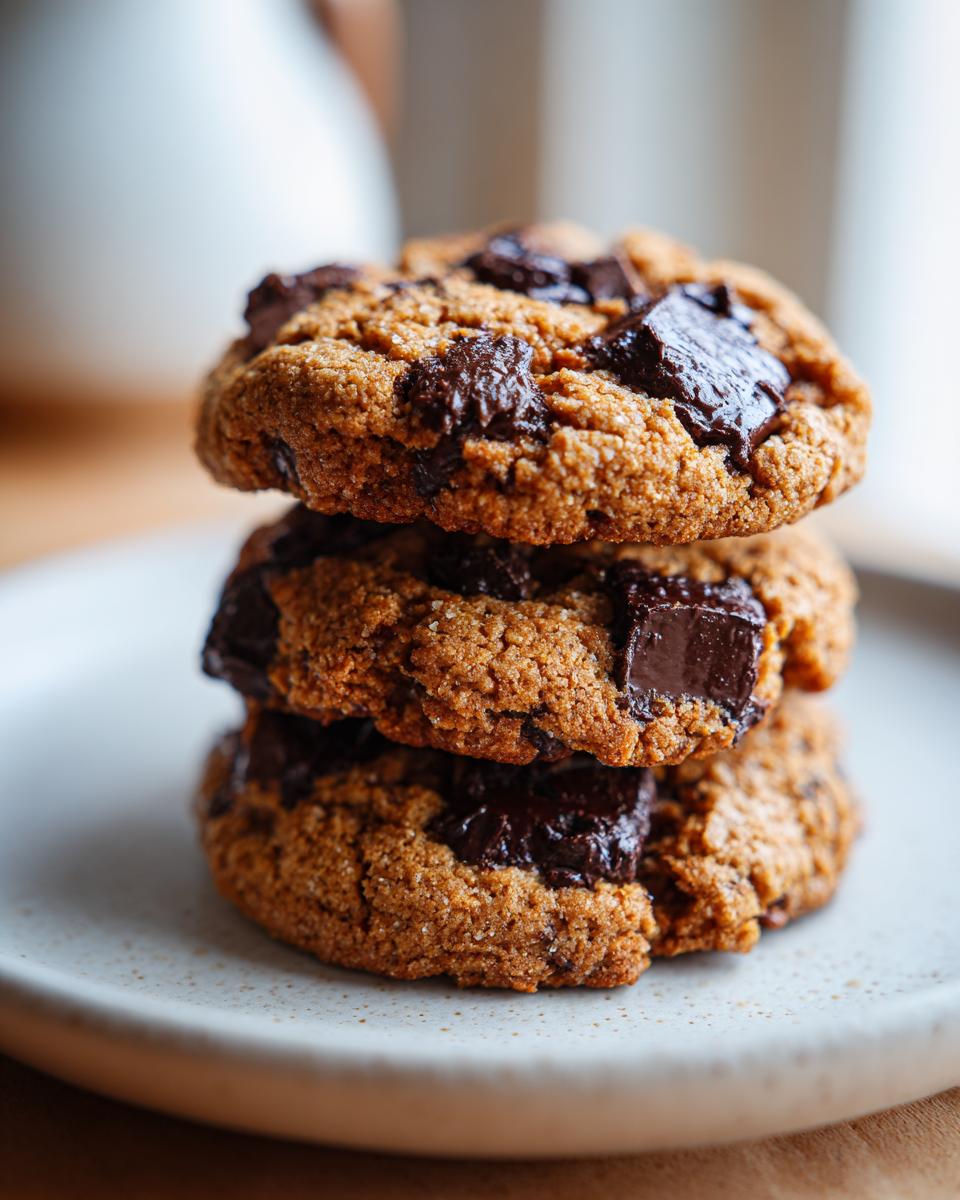 Close-up of three stacked, thick vegan chocolate chip cookies with melted dark chocolate chunks.