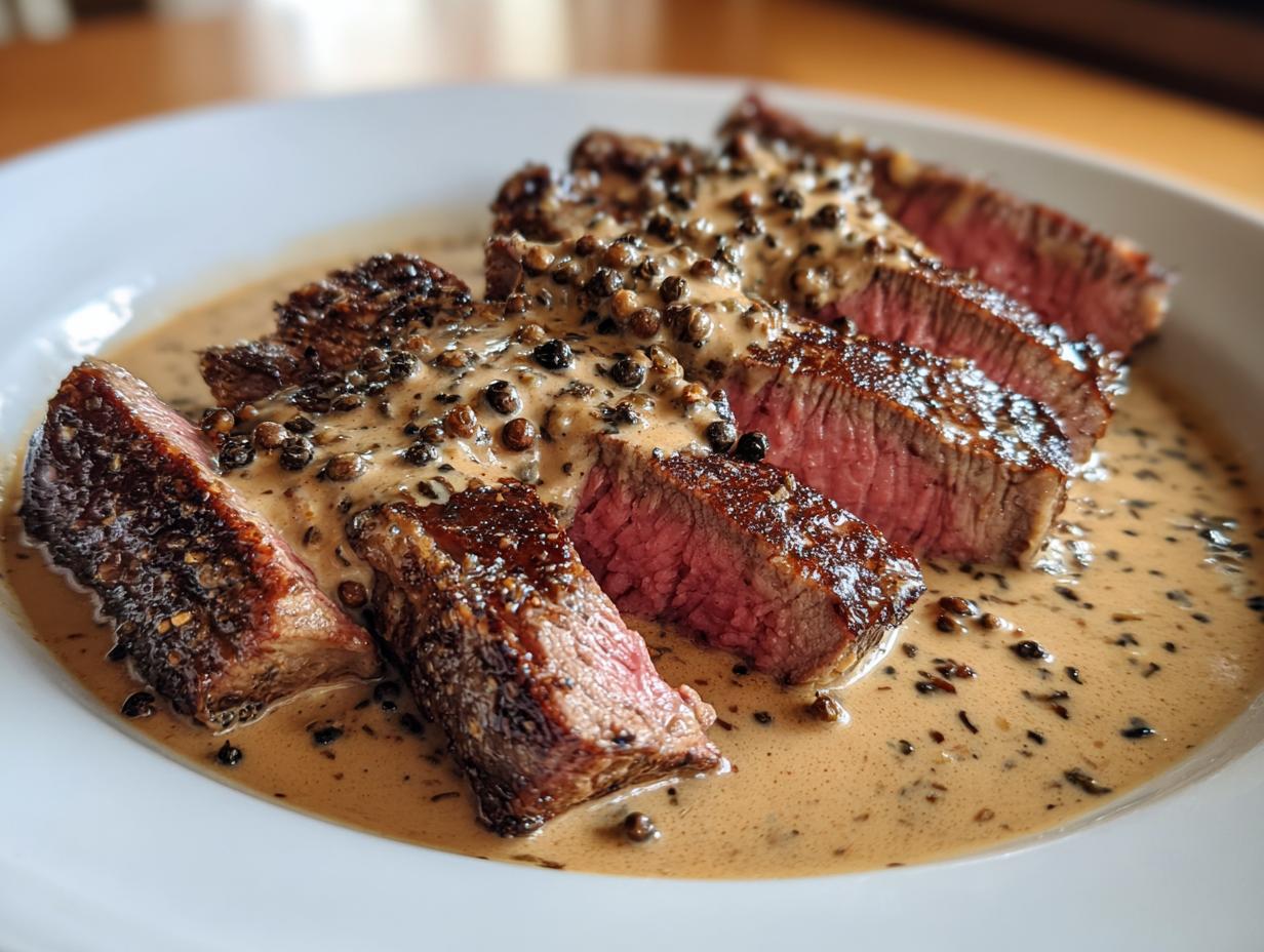 Slices of perfectly cooked medium-rare steak generously topped with creamy peppercorn sauce.