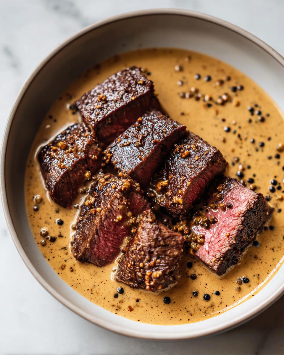 Close-up of medium-rare steak slices covered in rich peppercorn sauce, served in a shallow bowl.
