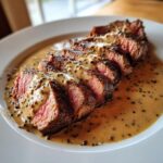 Sliced medium-rare steak generously covered in a rich, creamy peppercorn sauce on a white plate.
