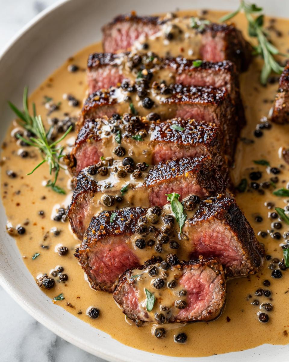 Perfectly cooked steak slices covered in creamy peppercorn sauce and whole peppercorns.