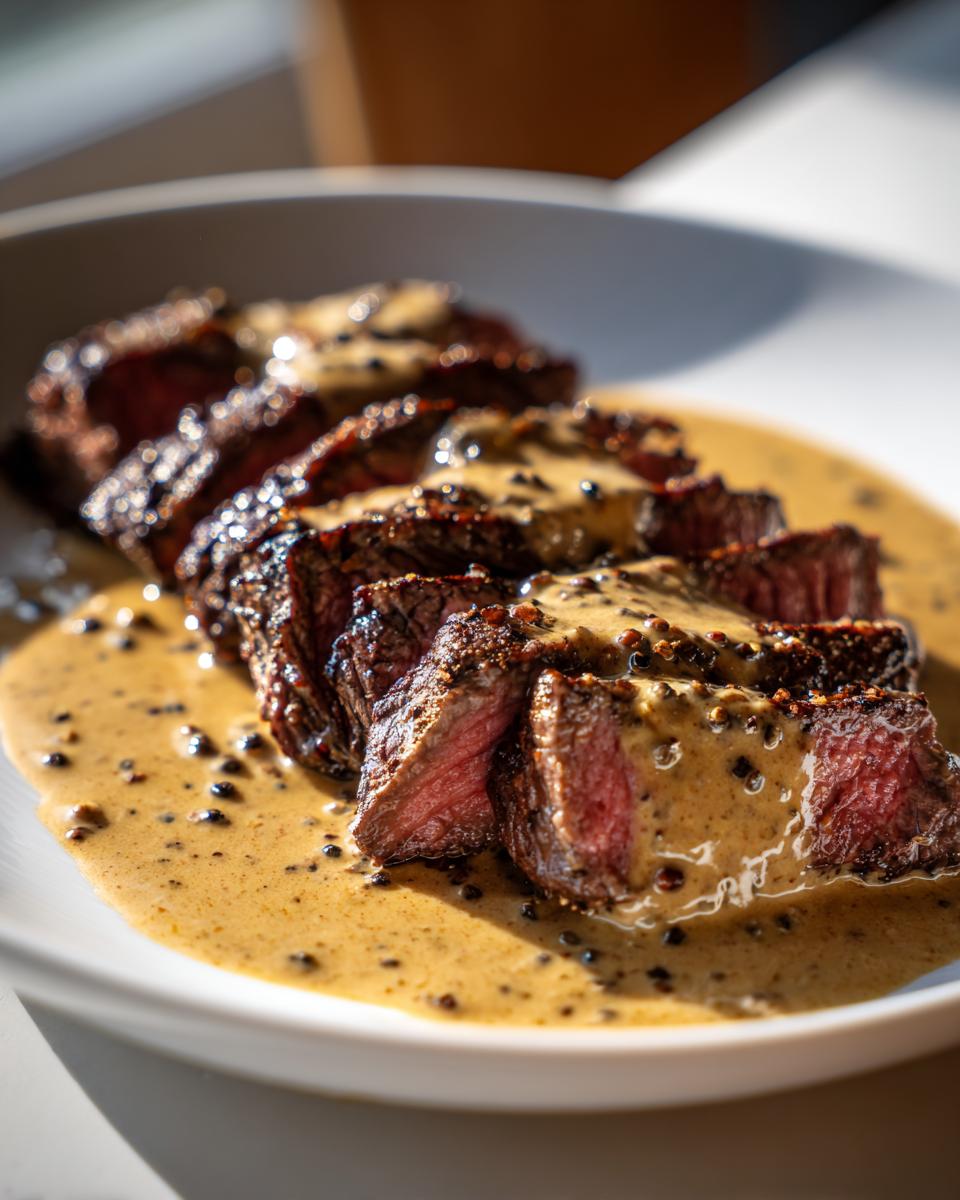 Slices of medium-rare steak generously covered in creamy peppercorn sauce on a white plate.
