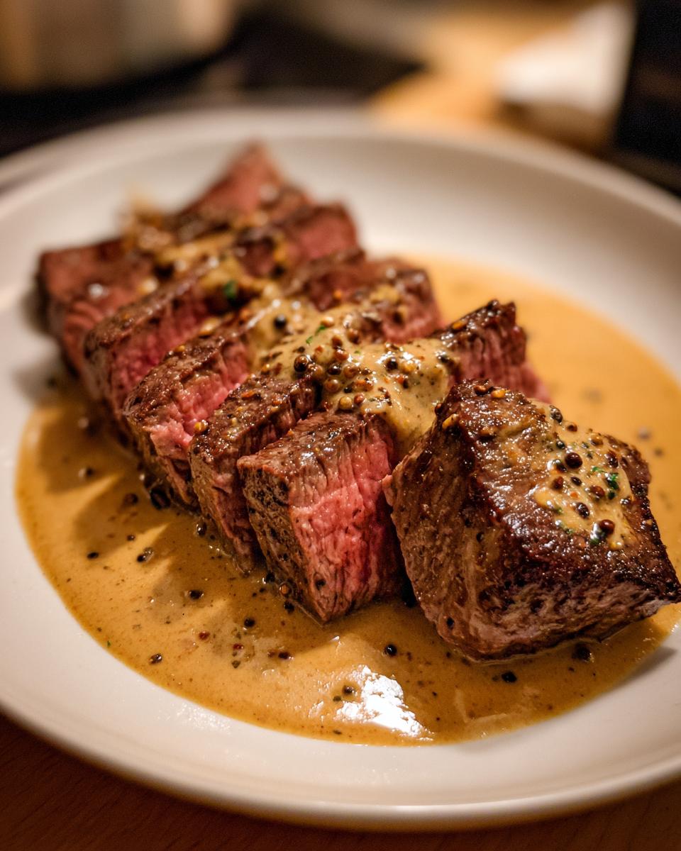 Close-up of medium-rare sliced steak generously topped with creamy peppercorn sauce.
