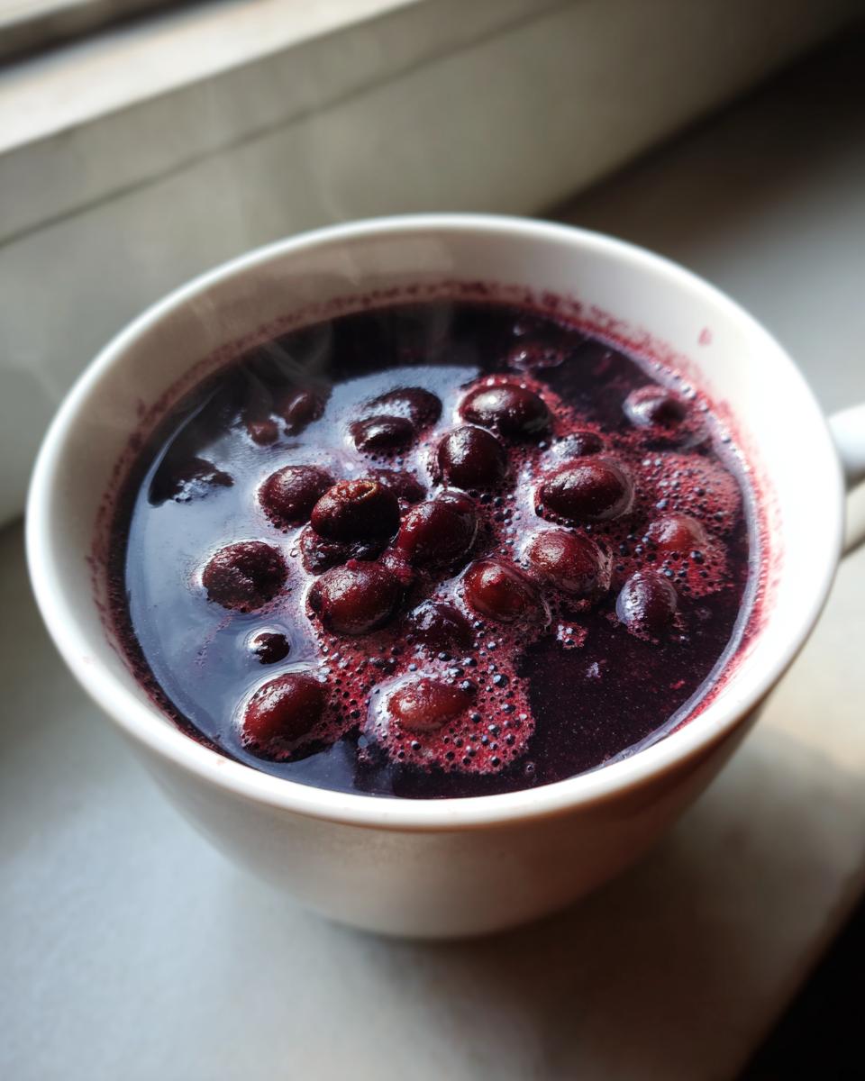 Close-up of steaming hot black bean soup with whole beans floating in the dark purple broth inside a white mug.