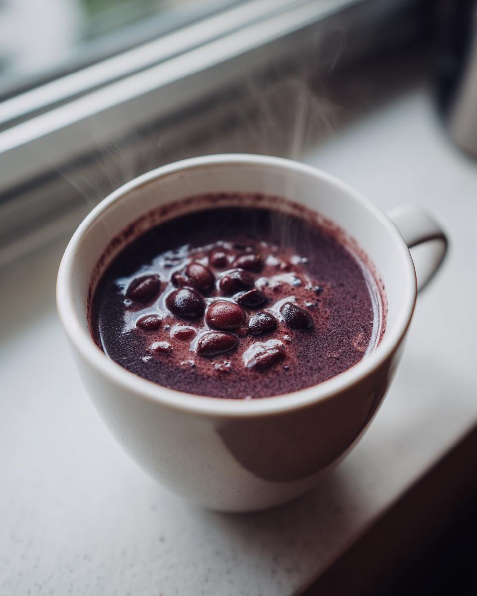 Close-up of steaming hot black bean soup served in a white mug, showing whole beans floating on top.