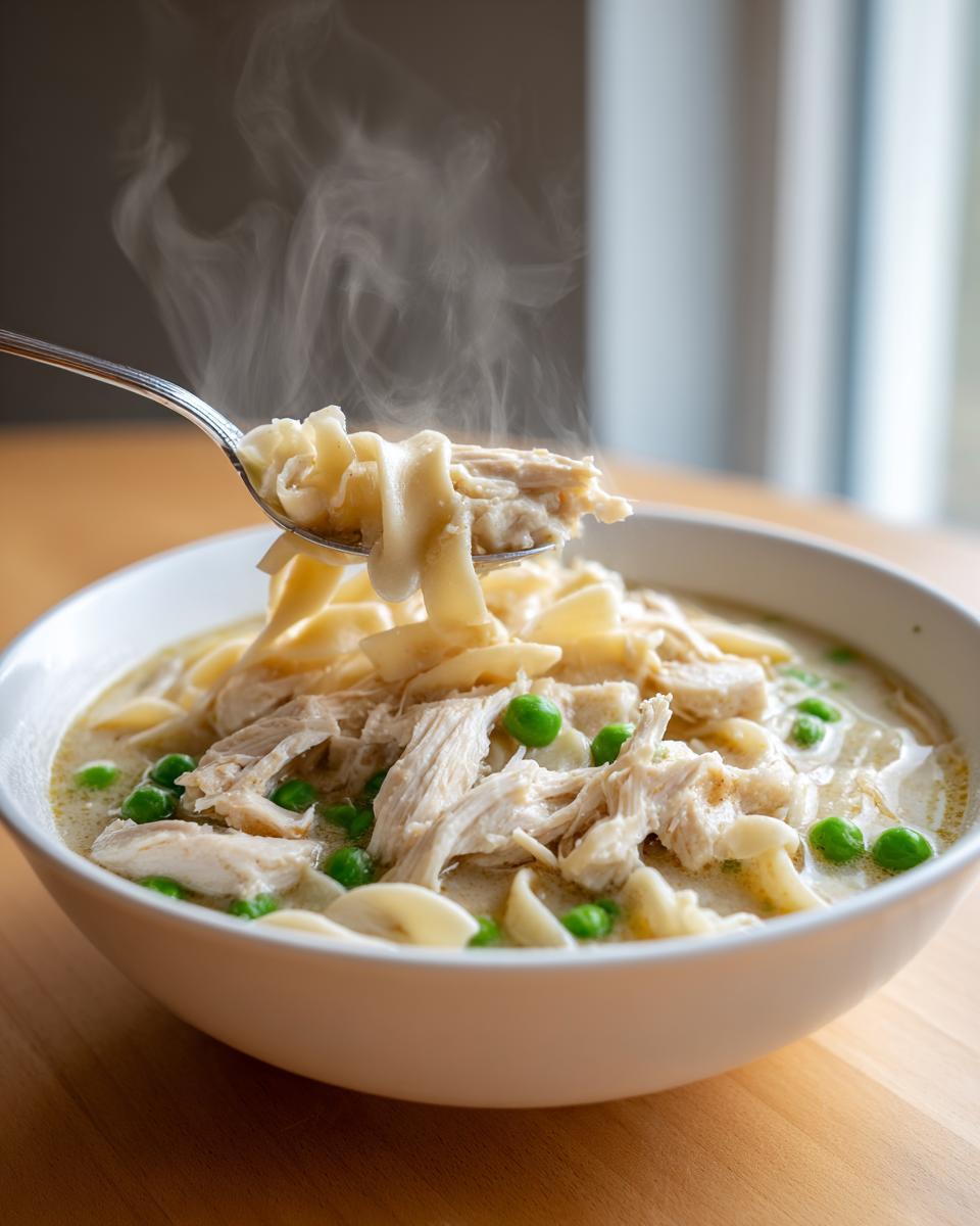 A spoonful of steaming creamy chicken noodle soup, featuring egg noodles, shredded chicken, and bright green peas.