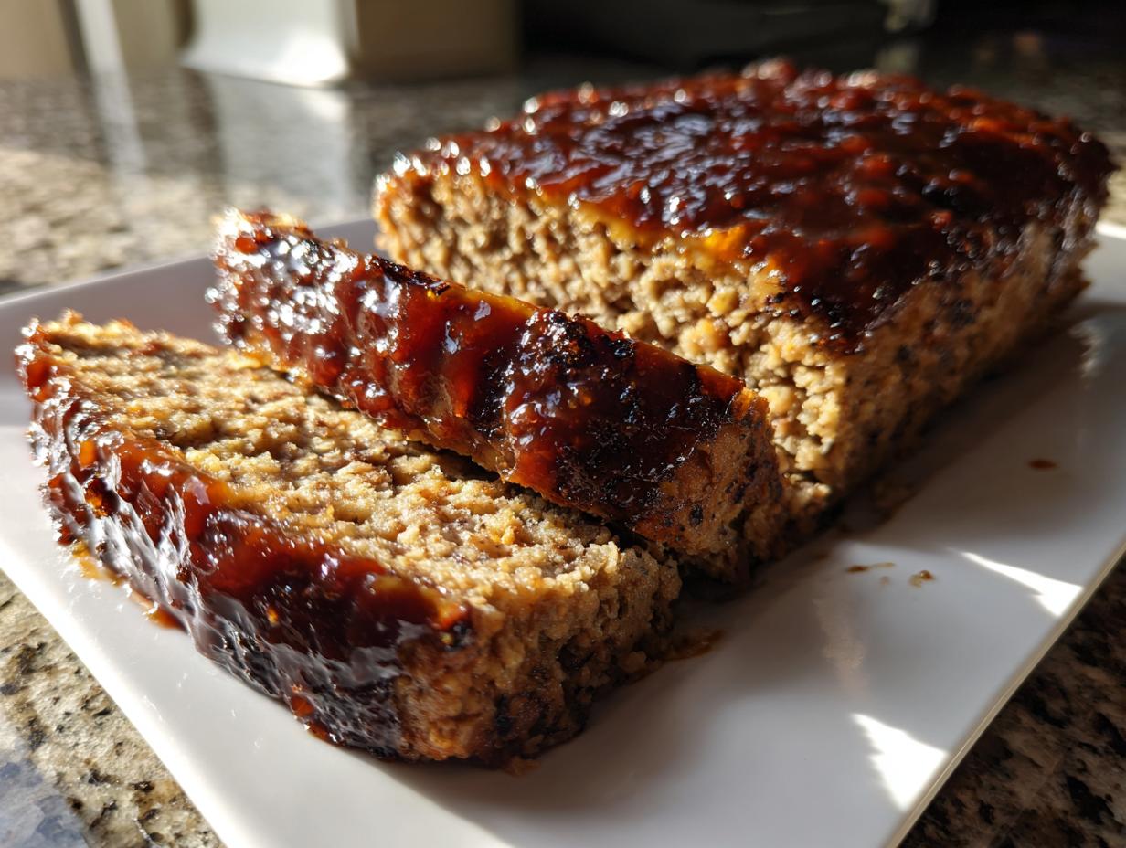 Two thick slices of stove top stuffing meatloaf covered in a shiny brown glaze, resting on a white platter.