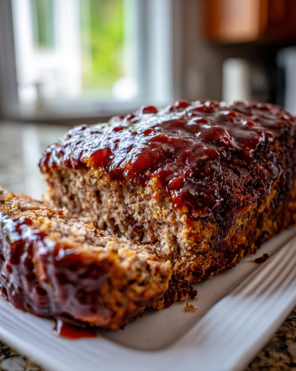 A freshly baked stove top stuffing meatloaf, partially sliced, covered in a rich, dark glaze.