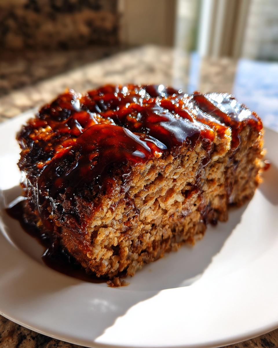 A thick slice of stove top stuffing meatloaf covered in a dark, glossy glaze, served on a white plate.