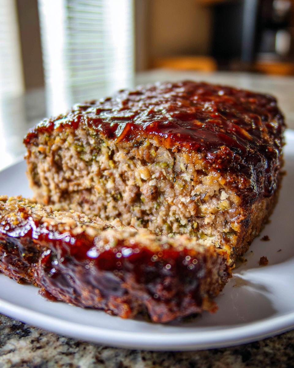 A thick slice cut from a moist stove top stuffing meatloaf topped with a shiny brown glaze.