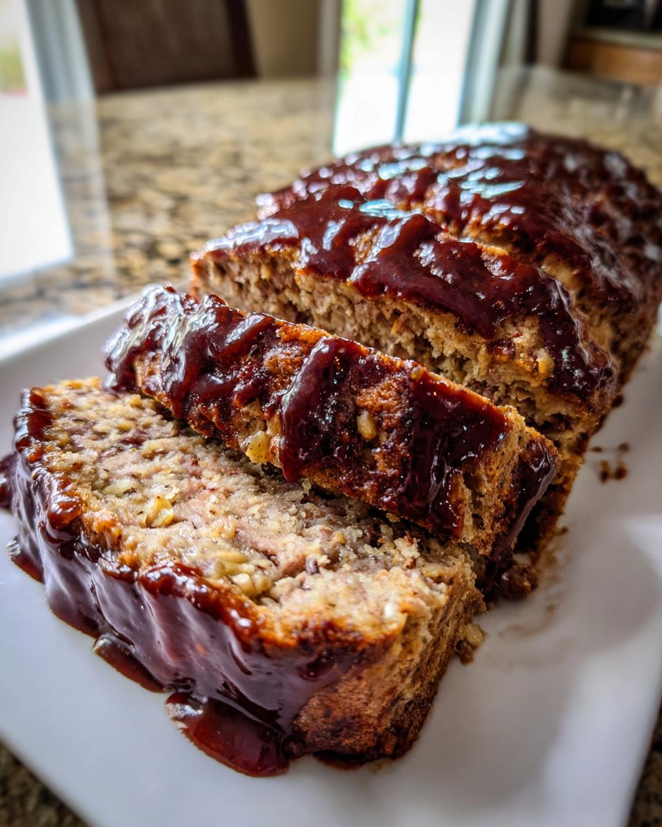 Close-up of sliced stove top stuffing meatloaf generously covered in a dark, shiny glaze.
