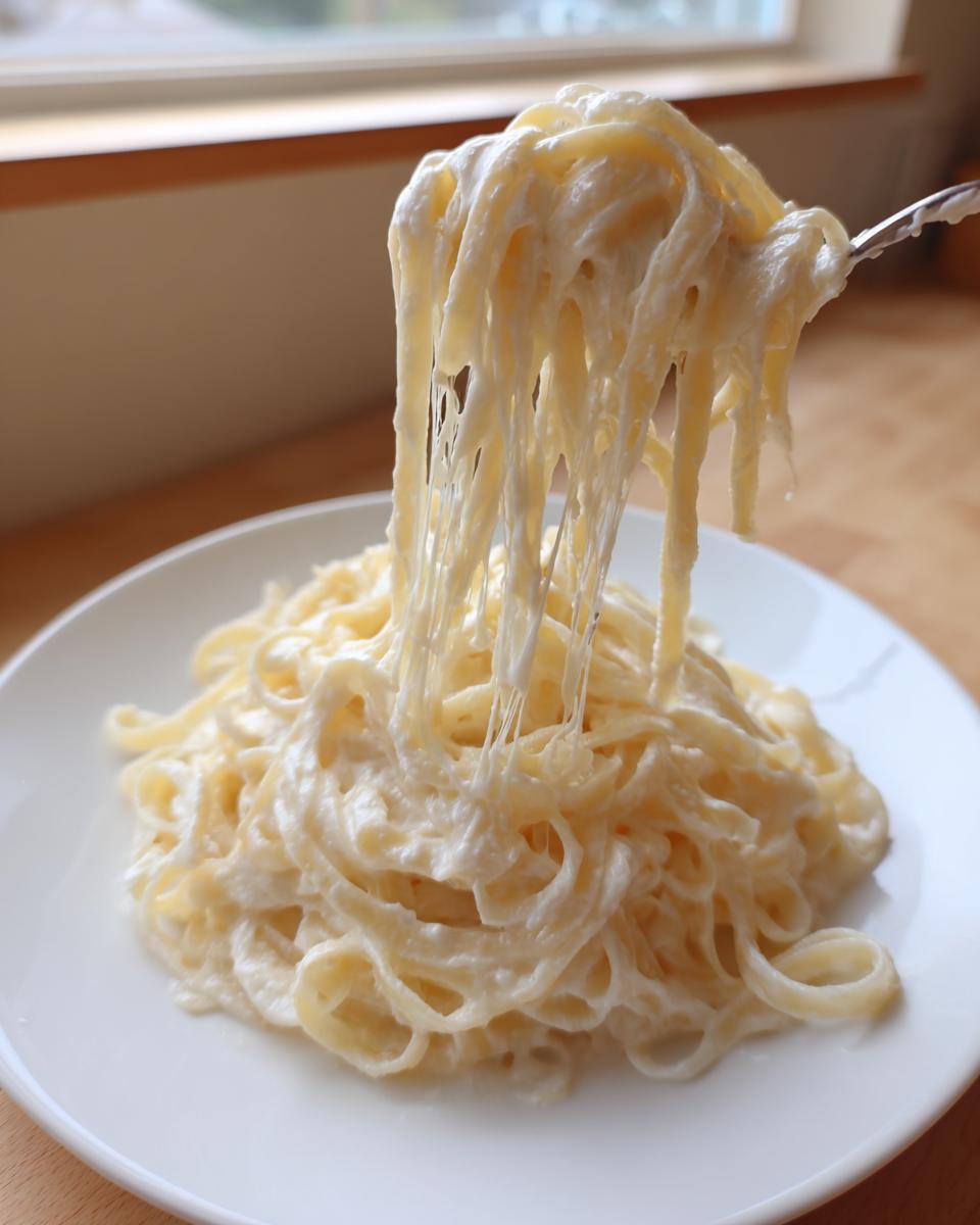 A fork lifts strands of creamy pasta coated in a thick sauce, showcasing the stretchiness of the cottage cheese alfredo.