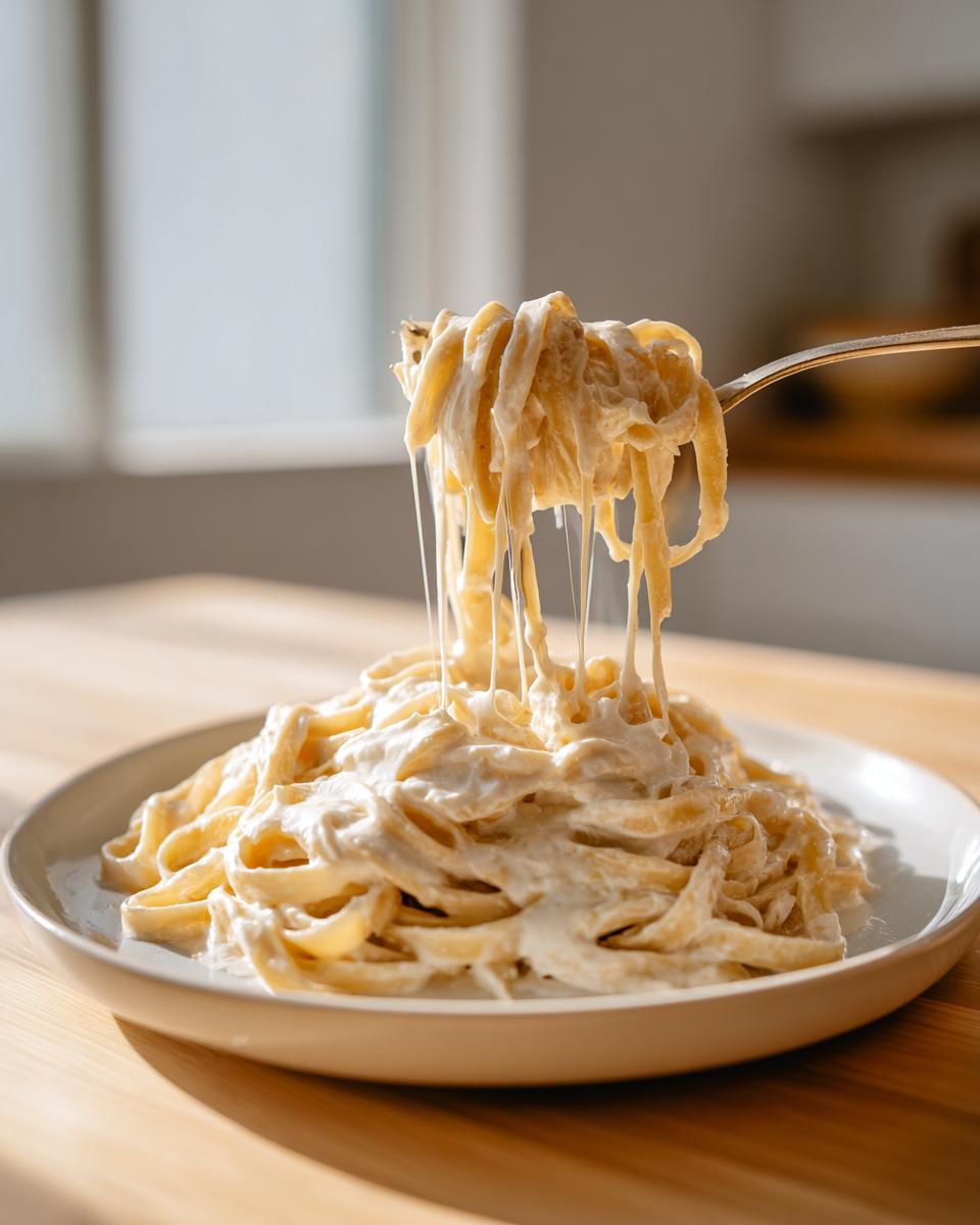 A fork lifting fettuccine coated in creamy cottage cheese alfredo sauce, showing long, stretchy strands.