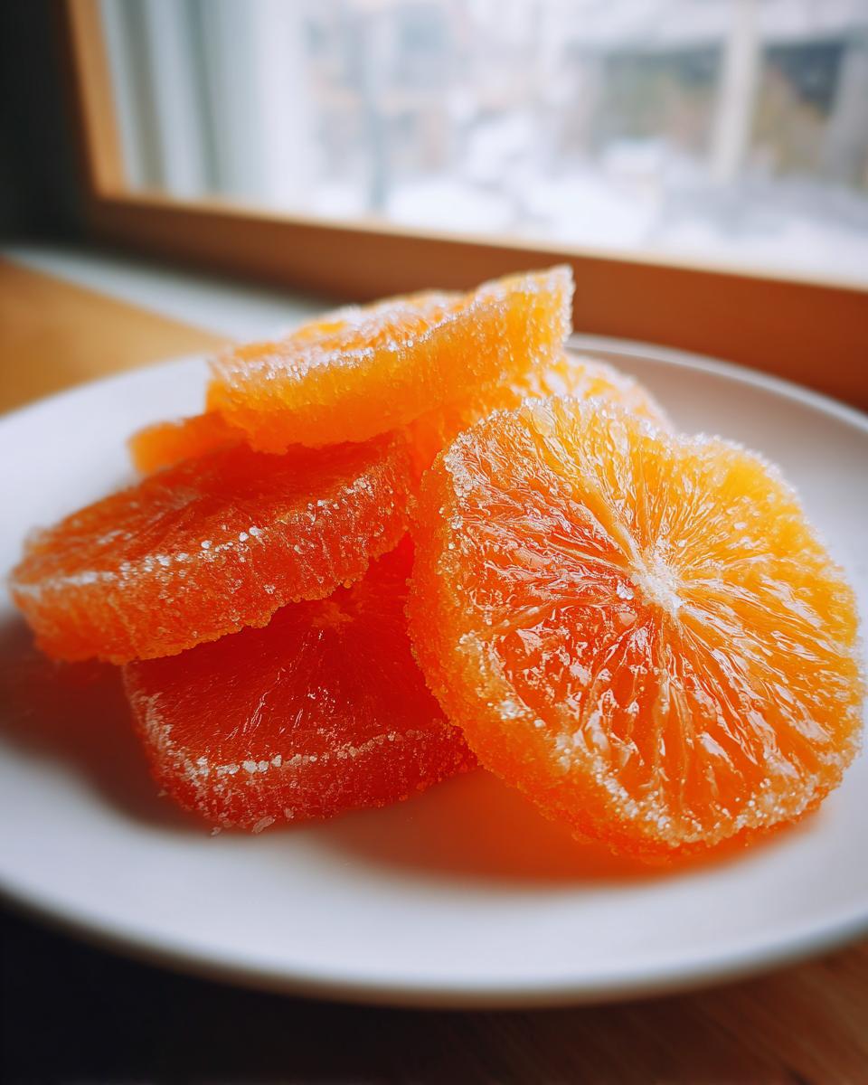 A small stack of bright orange candied orange slices coated in sugar resting on a white plate.