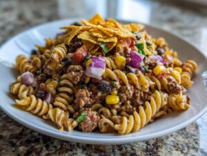 Close-up of a serving of taco pasta salad featuring rotini pasta, seasoned ground beef, corn, black beans, and topped with crushed tortilla chips.