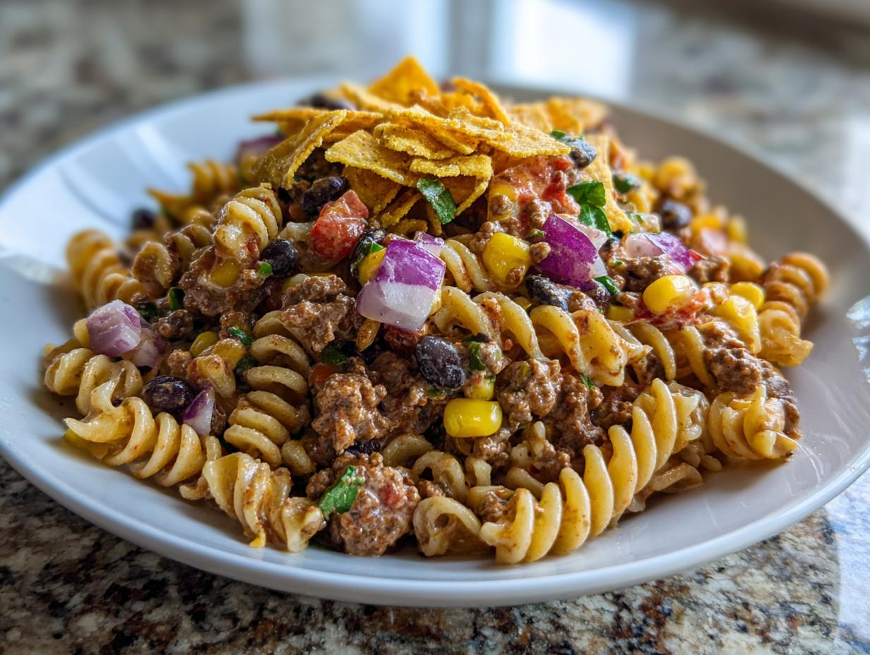 Close-up of a serving of taco pasta salad featuring rotini pasta, seasoned ground beef, corn, black beans, and topped with crushed tortilla chips.