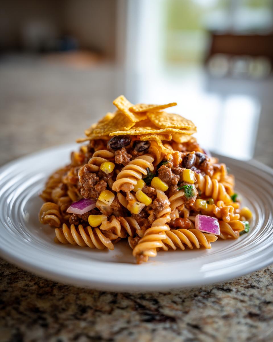 A close-up of a serving of taco pasta salad featuring rotini pasta, ground meat, corn, black beans, and topped with tortilla chips.