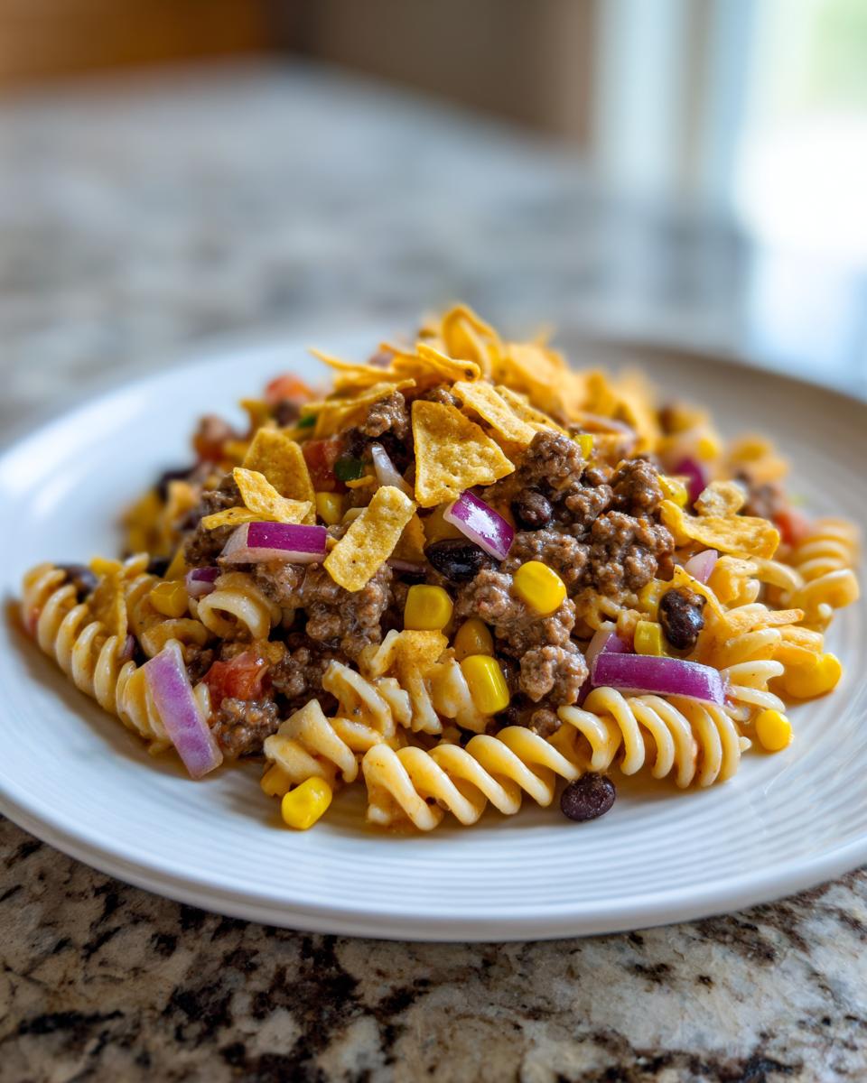 A close-up of a serving of taco pasta salad featuring rotini pasta, seasoned ground beef, corn, black beans, red onion, and crushed tortilla chips.