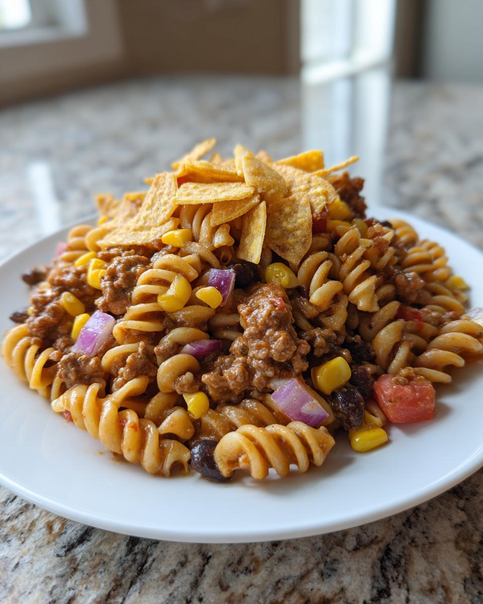 A close-up of a serving of taco pasta salad featuring rotini pasta, ground beef, corn, red onion, and topped with crushed tortilla chips.