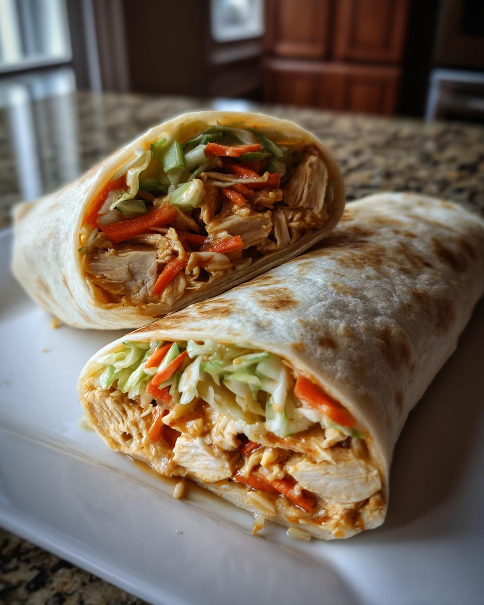 A thai peanut chicken wrap cut in half, showing shredded chicken, carrots, and cabbage coated in peanut sauce.