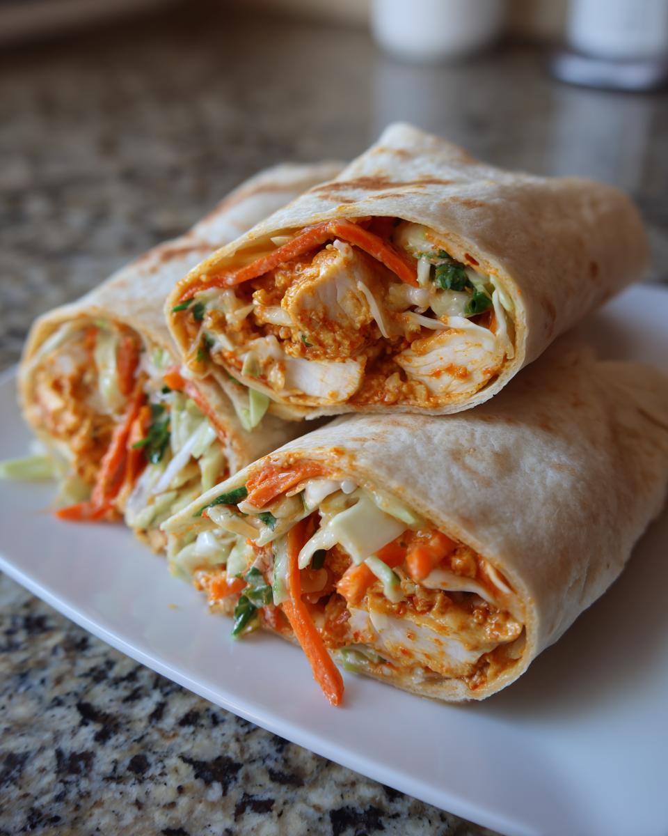 Two halves of a thai peanut chicken wrap, showing chicken, shredded carrots, and cabbage filling.