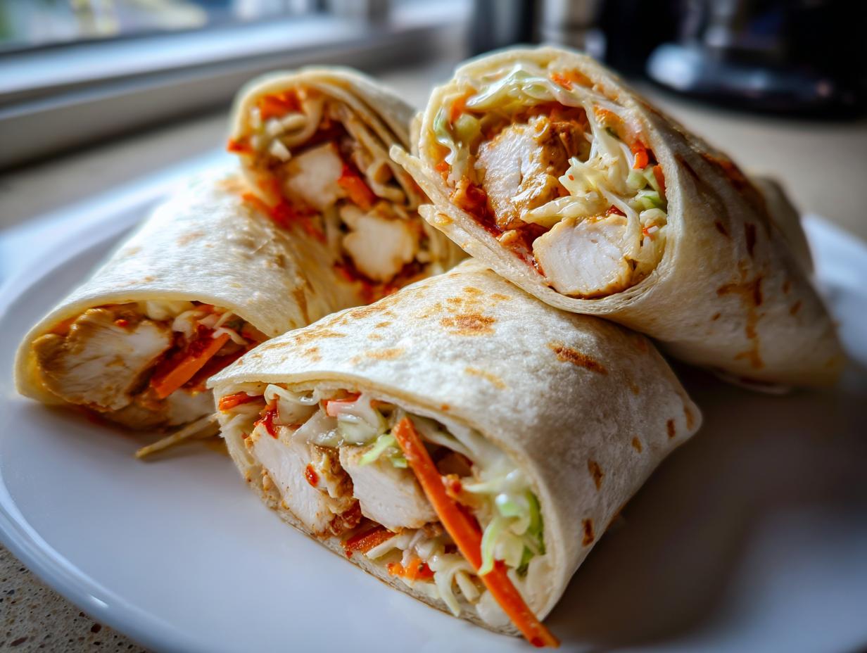 Close-up of three halves of a thai peanut chicken wrap showing sliced chicken, slaw, and peanut sauce inside a tortilla.