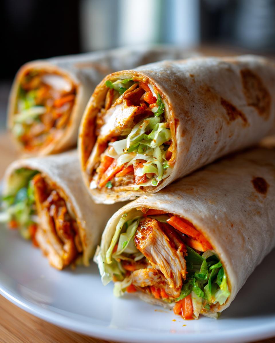 Close-up of stacked thai peanut chicken wrap halves showing sliced chicken, shredded carrots, and lettuce inside a tortilla.