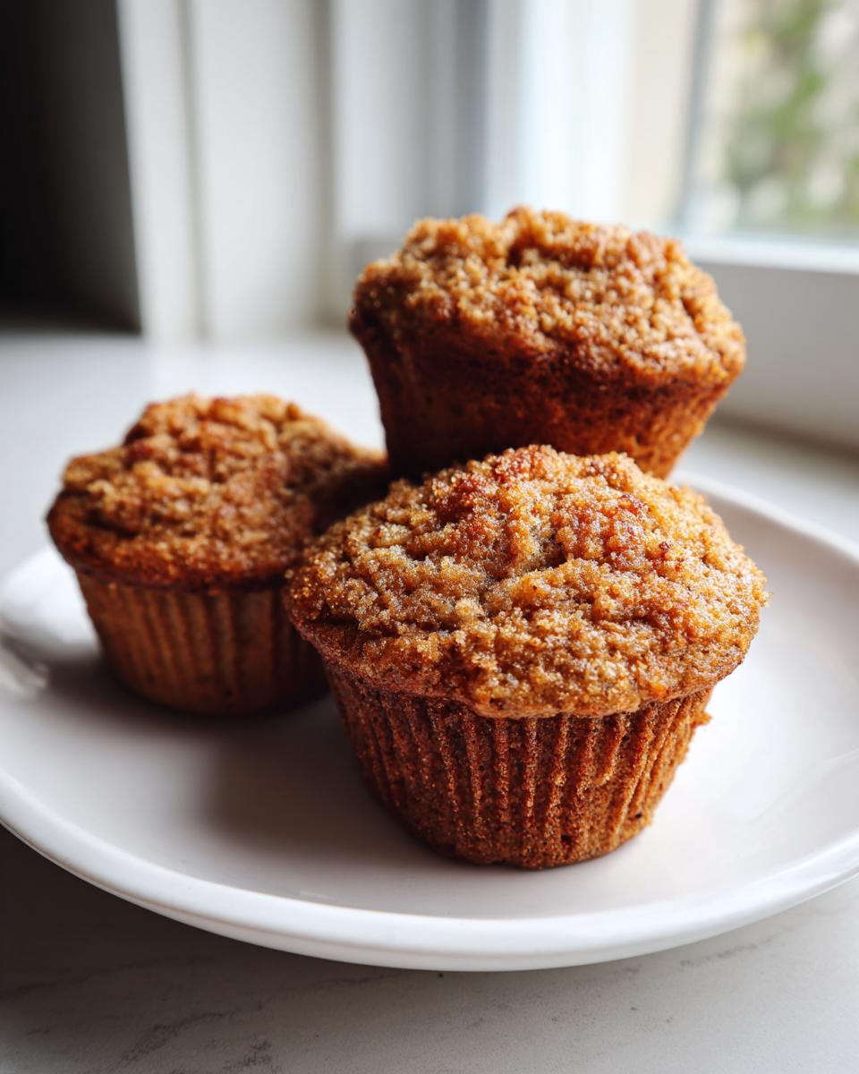 Three freshly baked banana oatmeal muffins with crumbly tops sitting on a white plate near a bright window.