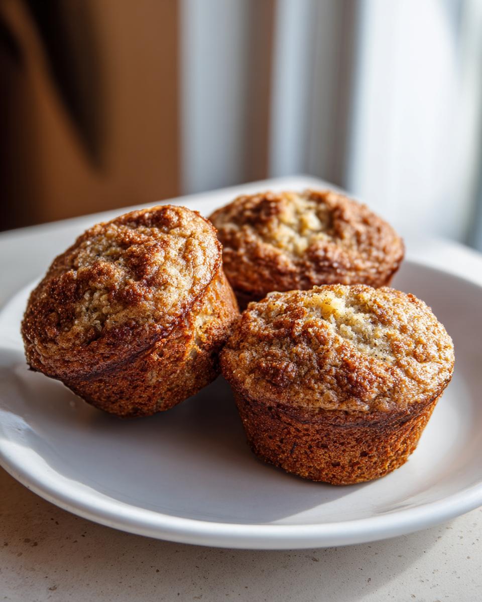 Three freshly baked banana oatmeal muffins with golden-brown tops resting on a white plate.