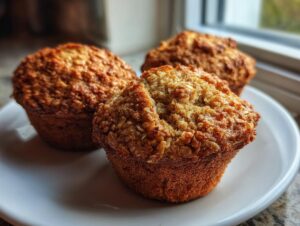 Three golden brown banana oatmeal muffins with crumbly tops sitting on a white plate near a window.