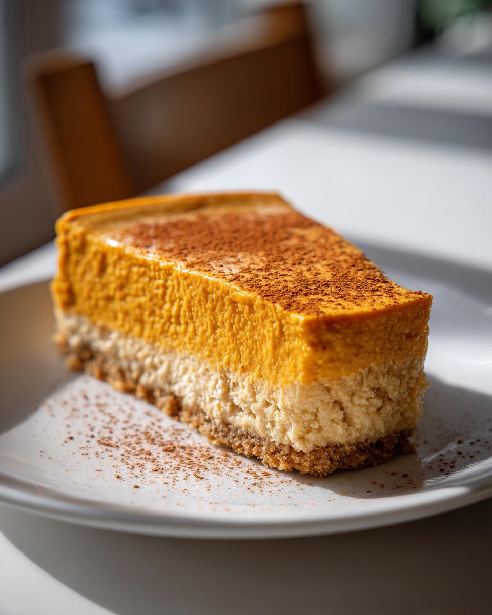 A thick slice of ultra creamy pumpkin cheesecake with a graham cracker crust, dusted with cinnamon.