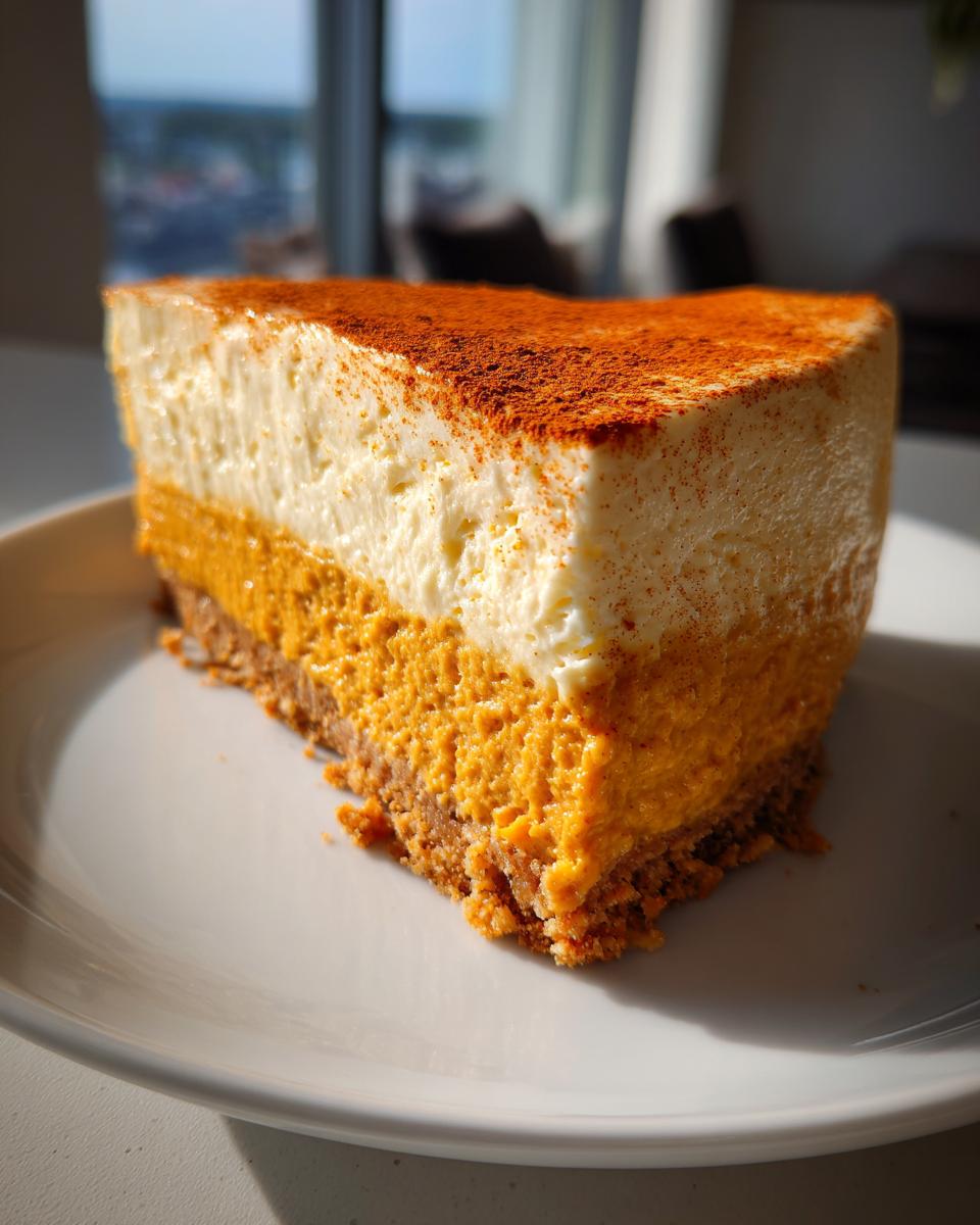 A thick slice of ultra creamy pumpkin cheesecake with a graham cracker crust and cinnamon dusting.