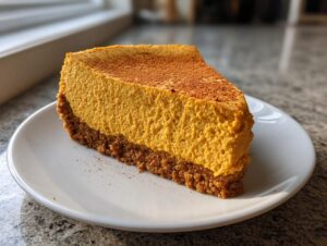 A thick slice of ultra creamy pumpkin cheesecake with a graham cracker crust, dusted with cinnamon.