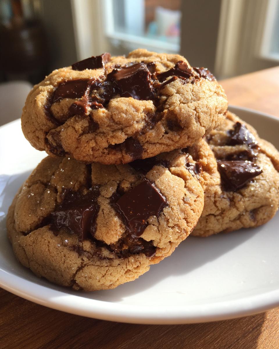 Three freshly baked vegan chocolate chip cookies stacked on a white plate with melted chocolate chunks.