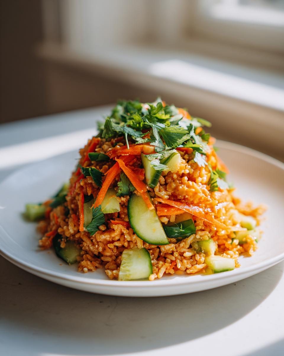 A mound of colorful crispy rice salad topped with fresh cilantro, sliced cucumbers, and shredded carrots.