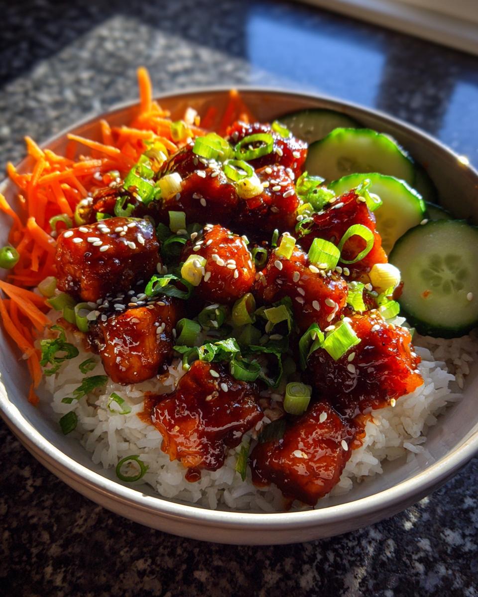 A close-up of a vibrant salmon bowl featuring glazed, saucy protein chunks over white rice, topped with shredded carrots, cucumber slices, and green onions.
