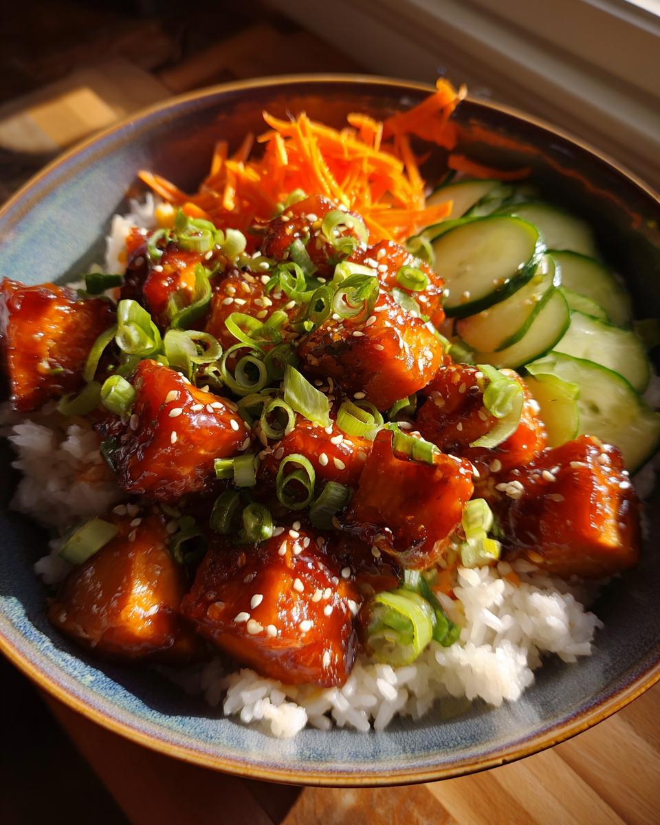 A close-up of a delicious salmon bowl featuring glazed salmon pieces over white rice, topped with green onions and sesame seeds.