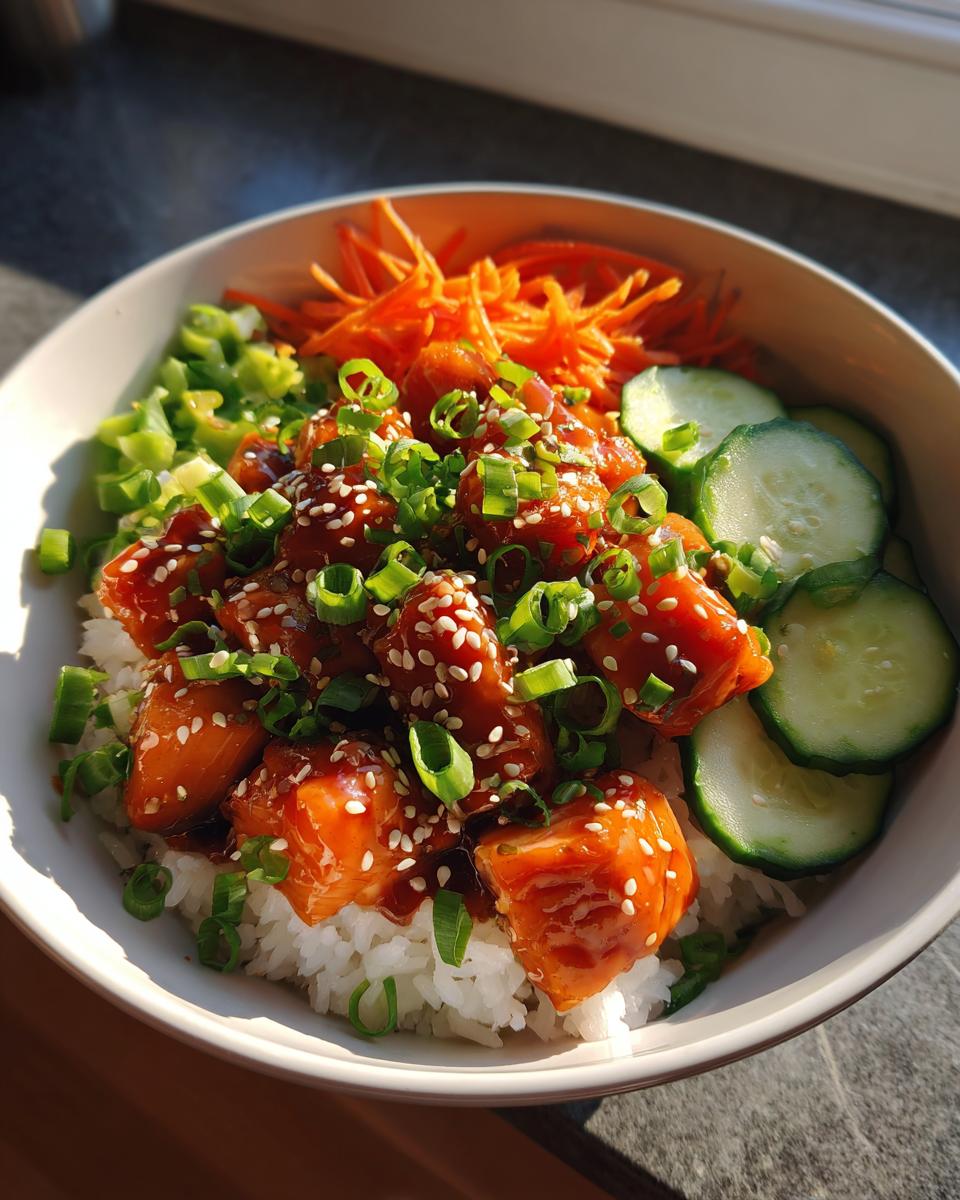 Close-up of a delicious salmon bowl featuring glazed salmon chunks over rice, topped with sesame seeds, green onions, carrots, and cucumber slices.