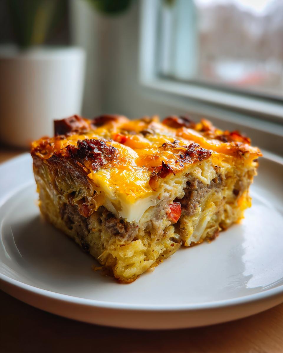 A hearty square slice of cheesy breakfast casserole with sausage and potatoes served on a white plate.